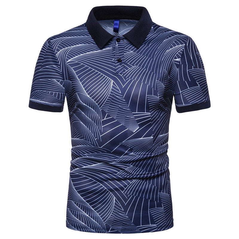 New Summer Men's Fashion Trend Wave Print Short Sleeved Lapel T Shirt