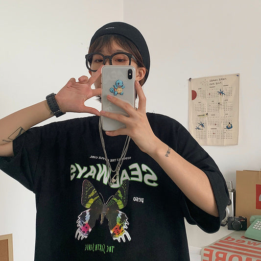 Butterfly print half sleeve top short sleeve