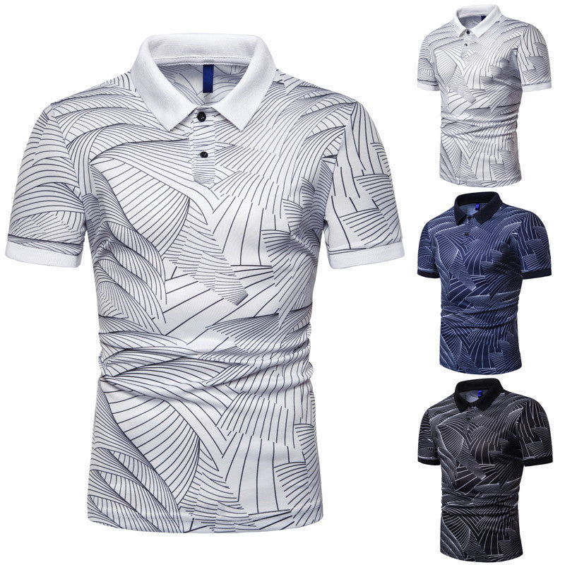 New Summer Men's Fashion Trend Wave Print Short Sleeved Lapel T Shirt