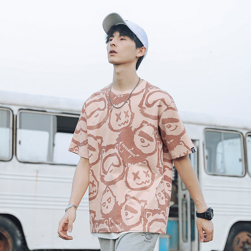 Fashion Brand Short-sleeved T-shirt Full Print Fun Bear Cotton T-shirt Men's